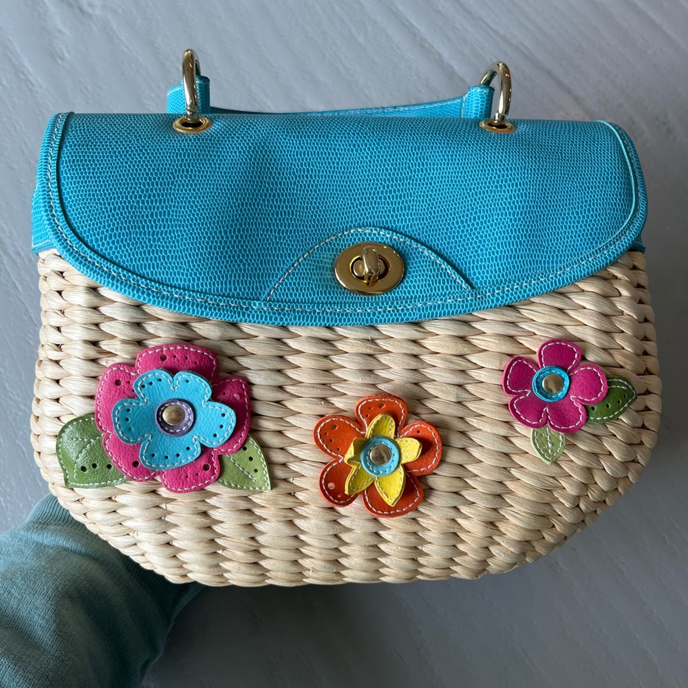 Floral Woven Straw Top Handle Summer Handbag Blue Cream - Picture 3 of 8